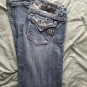Women's Blue Boot Cut Jeans with Embellished Pockets